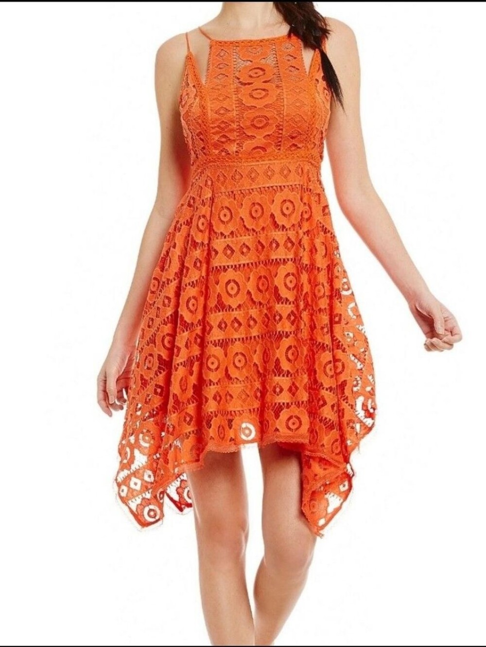 Free People Just Like Honey Crochet Lace Dress Size 8 Orange Handkerchief Hem - Picture 2 of 10
